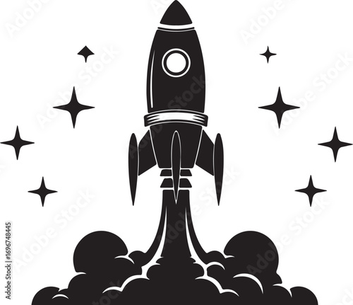 Black silhouette of a rocket launching with stars and smoke spaceship space