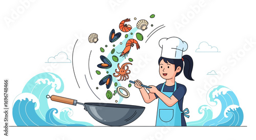Cheerful Chef Cook Seafood Dishes With Fresh Ingredients In Marine Environment