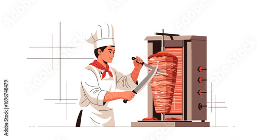 Chef Slicing Delicious Rotating Meat From A Shawarma Grill, For Gastronomic Delights