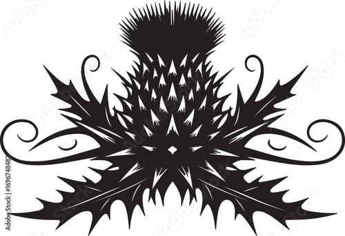 Black Silhouette of a Thistle Flower with Swirling Leaves and Spikes plant nature