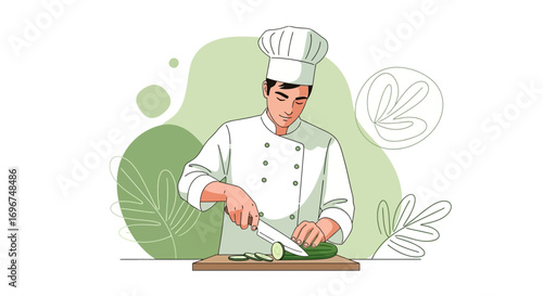 Chef Slicing Fresh Cucumber Preparing Culinary Delights In The Vibrant Green Kitchen Environment