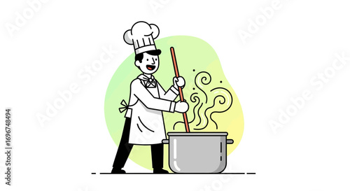 Cheerful Chef Cooks Delicious Food In a Kitchen Boiling Pot With Great Enthusiasm