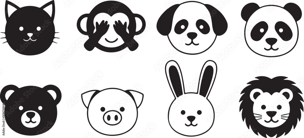 Fototapeta premium Collection of cute black and white cartoon animal faces on white background illustration