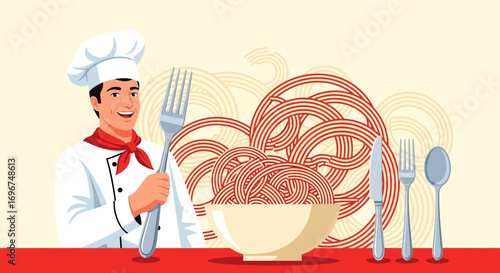 Cheerful Chef Presenting Delicious Spaghetti Dish for Culinary Illustration Elements