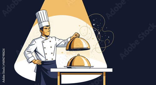 Chef Unveiling Plated Delicacy Under Dramatic Spotlight, Artistic Culinary Illustration