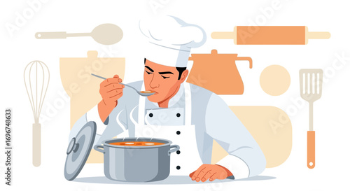 Chef Tasting Soup in Kitchen, Cooking with Culinary Utensils, Delicious Dish