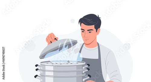 Chef Unveiling Culinary Creation From A Traditional Steamer, Exuding Delicious Aromas