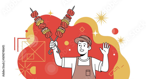 Cheerful Chef Presenting Grilled Meat Skewers Against Vibrant Abstract Red Background