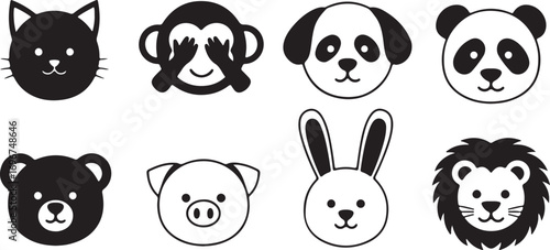 Collection of cute black and white cartoon animal faces on white background illustration