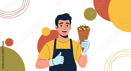Cheerful Chef Presenting Tasty Shawarma with a Satisfied Gesture and Positive Vibe