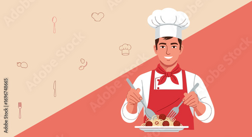 Cheerful Chef Presents Delightful Pasta Dish in an Artistic Culinary Illustration