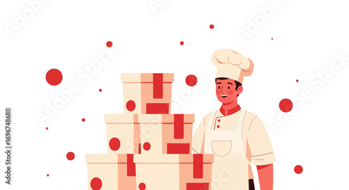 Cheerful Chef Presents Food Delivery, Package Boxes, and Culinary Service Illustration