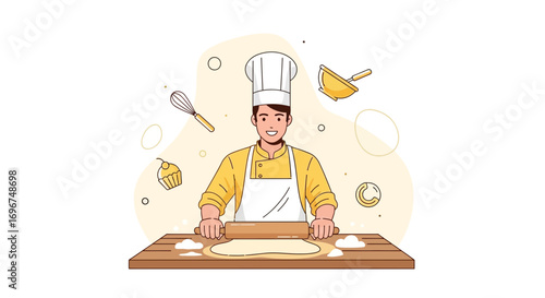 Cheerful Chef Rolling Dough Preparing Delicious Baked Goods For The Delighted Customers.
