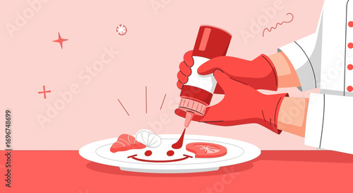 Chef's Delight: Artistic Culinary Creation of Smiling Food with Red Sauce and Garnishes