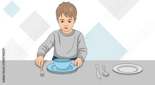 Child Arranges Tableware For Meal Preparation And Mealtime Activities Visually