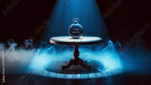 Mysterious crystal ball on a wooden table in a dark room with smoke