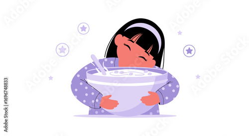 Child Blissfully Embraces Bowl Of Delicious Food After A Peaceful Night Sleep