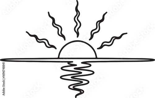 Hand-drawn black and white sun rising over wavy water reflection sunrise sunset
