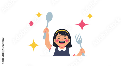 Cheerful Child Holding Utensils Depicting Joyful Excitement For Mealtime And Culinary Adventures