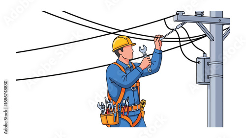 Electrical Technician at Work: A skilled electrical technician, equipped with tools and a safety harness, meticulously works on overhead power lines, embodying expertise and safety in his profession.