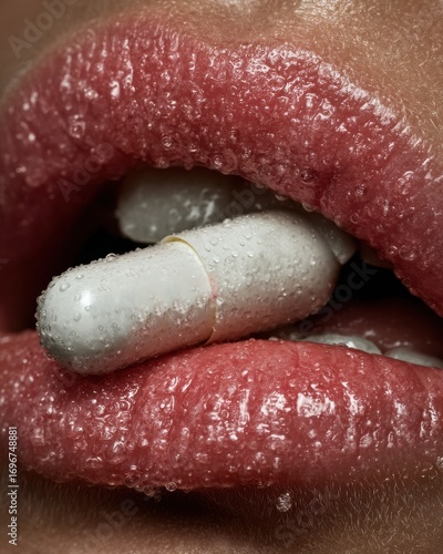 Striking Close-up of Wet Red Lips Holding Multiple White Capsules, Evoking Themes of Medication, Desire, and Sensual Health for Pharmaceutical Marketing, Lifestyle, or Conceptual Campaigns