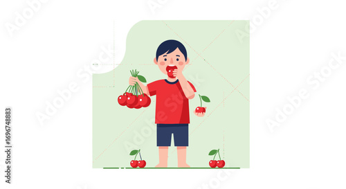 Child Consuming Cherries: A Playful Illustration Of Fruit Enjoyment Suitable For Design