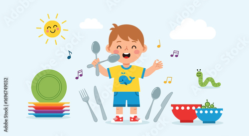 Cheerful Child Singing Joyfully While Playing Music Instruments Made With Cutlery In The Kitchen