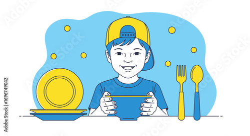 Cheerful Child With Dishes and Utensils Ready for a Mealtime Experience