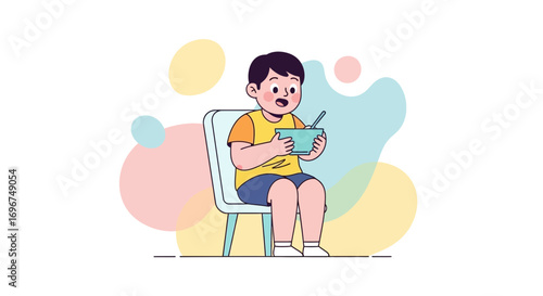 Child Enjoying Meal While Seated on Chair with Colorful Background Illustrated