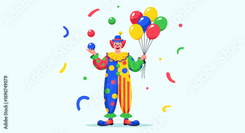 Cheerful Clown Juggling and Holding Balloons in a Festive and Colorful Illustration
