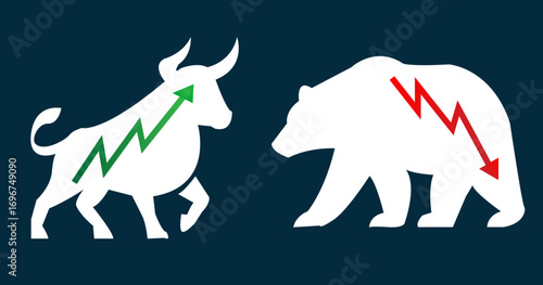 Bull or bullish run Bear or bearish market trend in crypto currency or stocks market on dark blue background.Green up arrows and red down graph Cryptocurrency price and Global economy boom and crash.