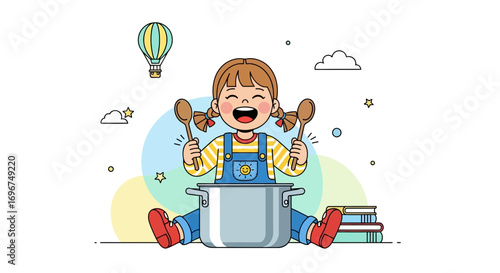 Child Joyfully Cooking with Spoons Near a Cooking Pot and a Balloon in the Sky