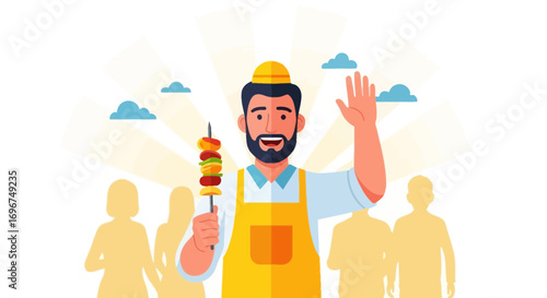 Cheerful Cook Holding Skewer of Food and Waving to Potential Customers at Food Stand