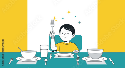 Child Is Amazed By Utensil While Ready to Eat From Clean Table
