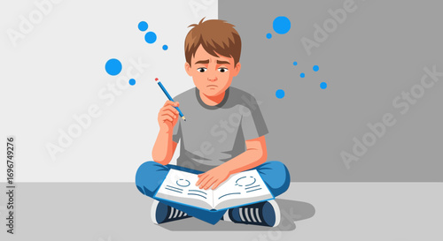 Child Looking Pensive While Studying, Illustrating Education Concerns and Cognitive Strain