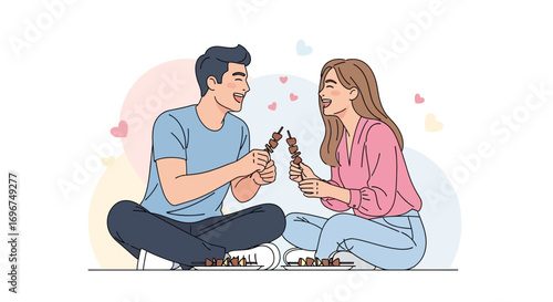 Cheerful Couple Sharing Skewers While Laughing Together, Symbolizing Love And Joyful Moments