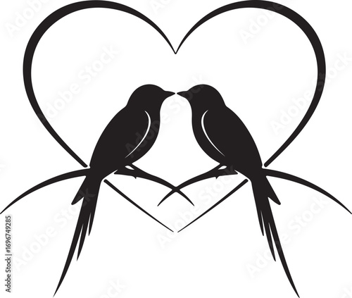 Two silhouette birds kissing in front of a heart shape on white background love romance