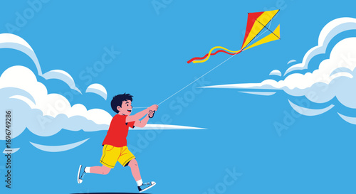 Child Joyfully Running While Controlling Colorful Kite Against a Blue Sky Background