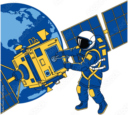 Astronaut Repairing Satellite in Space Vector Graphic