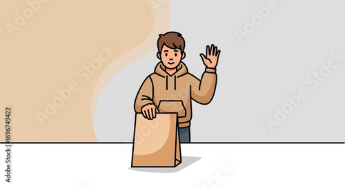 Cheerful Delivery Person: Person Holding Paper Bag and Waving Hello Illustration