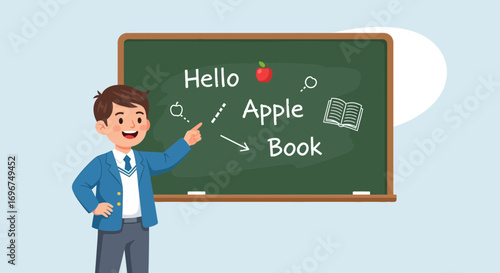 Cheerful Educator Points At Letters On Blackboard, Teaching And Learning Concept