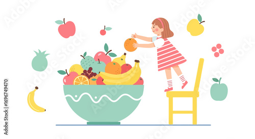 Child Reaching For Orange Amidst Colorful Fruits Arrangement With Playful Elements