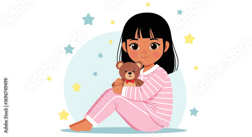 Child Smiling While Holding Teddy Bear And Wearing Pajamas With Starry Background