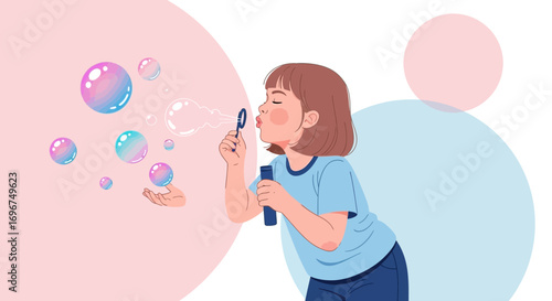 Childhood Daydream: A Young Girl Blowing Colorful Bubbles in Artistic Illustration