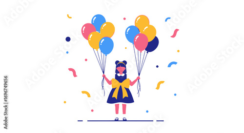 Cheerful Girl Holding Balloons Celebrating With Confetti For Birthday Party Or Event