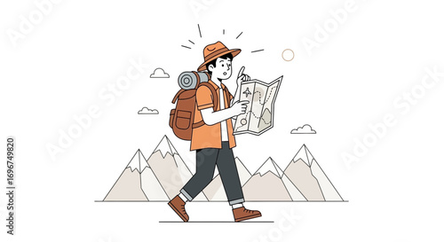 Cheerful Hiker Navigating Mountains With Map, Seeking Adventure And New Locations Always