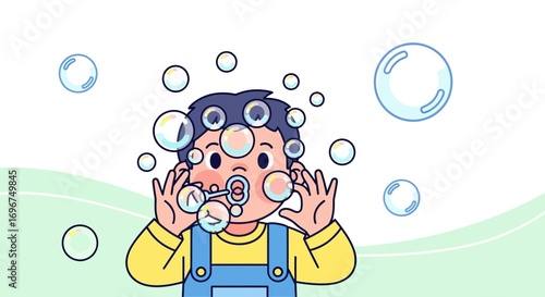 Child's Joyful Moment Blowing Bubbles Amongst Vibrant Floating Spheres