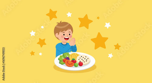 Child's Joyful Anticipation of a Nutritious Meal in a Star-Filled Delightful Scene