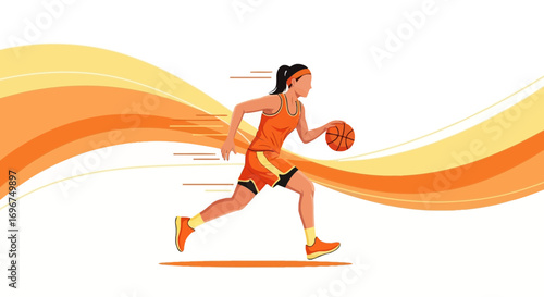 Basketball Player Dribbling Ball with Dynamic Flow Background in Orange Tones