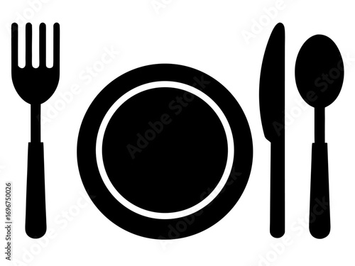 Dish, fork, knife and plate icon set  simple   silhouette vector